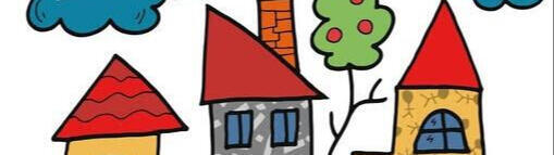 Kinderzeichnung von Häusern mit einer Kirche